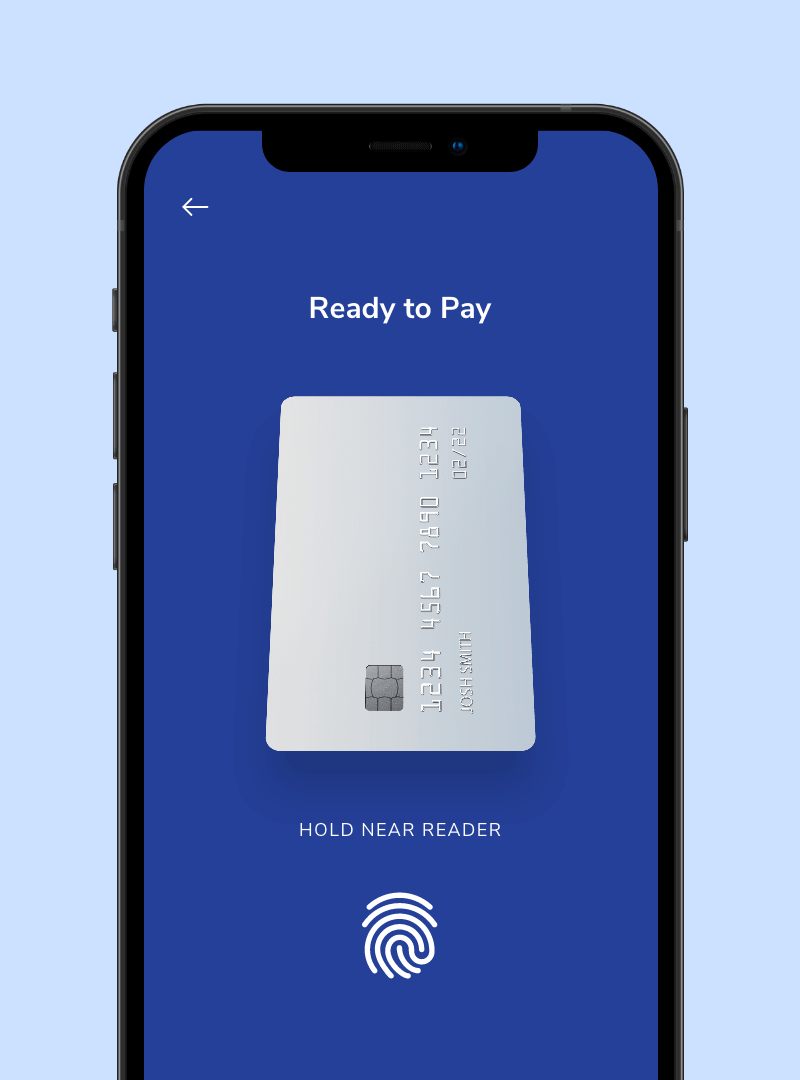 Smartphone screen with a white debit card ready for payment.